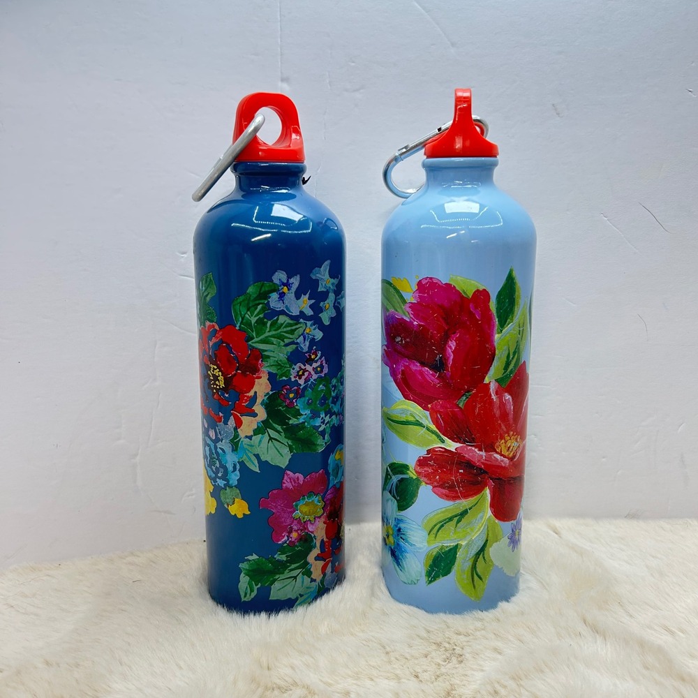 Pioneer Woman Floral‎ Stainless Steel Water Bottles Set Of 2 Red Top